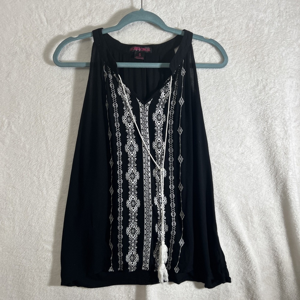 Rock & Roll Cowgirl Black White Embroidered Top Sleeveless Tassel V Neck Boho Sm